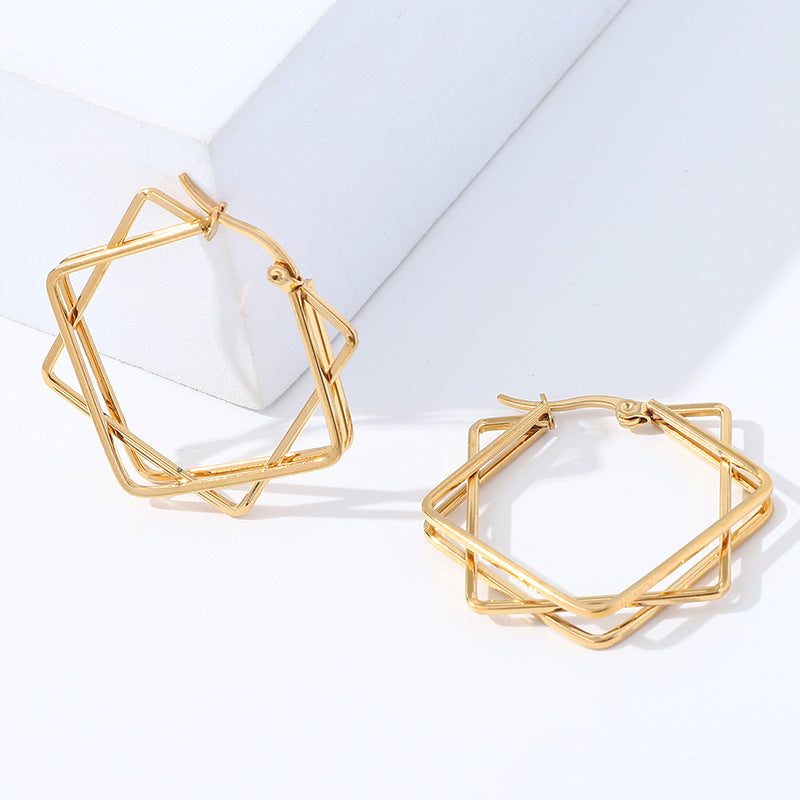 Wholesale Geometric Multi-layer square gold 18K titanium steel earrings