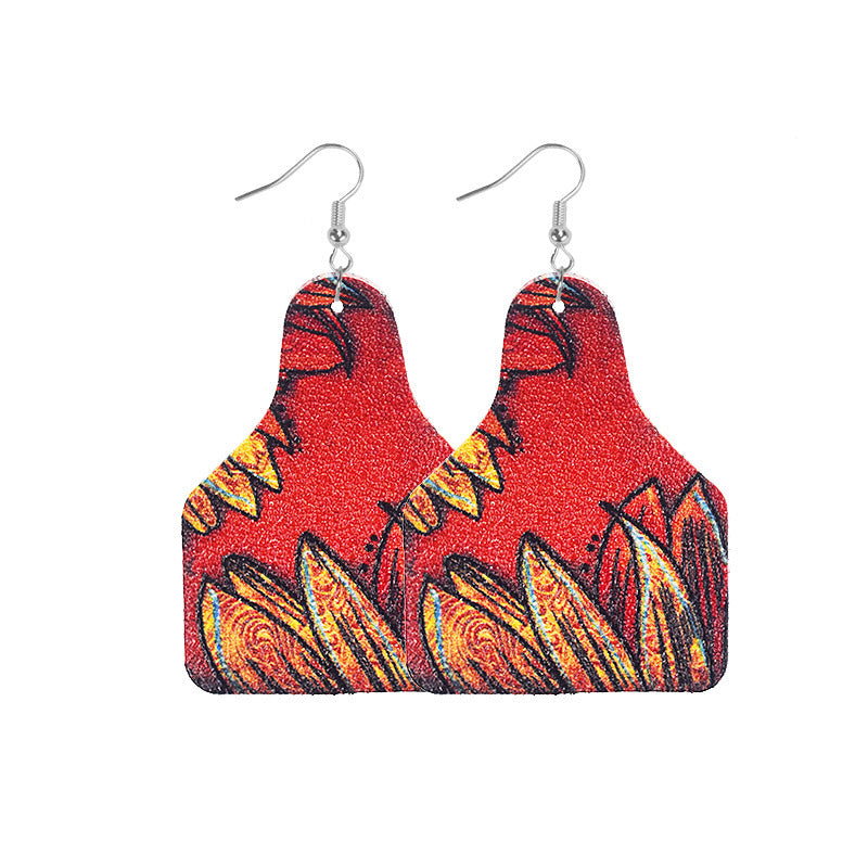 Wholesale Retro Western Cowboy Old Style Flower Bull Head Ethnic Style Print Leather Earrings