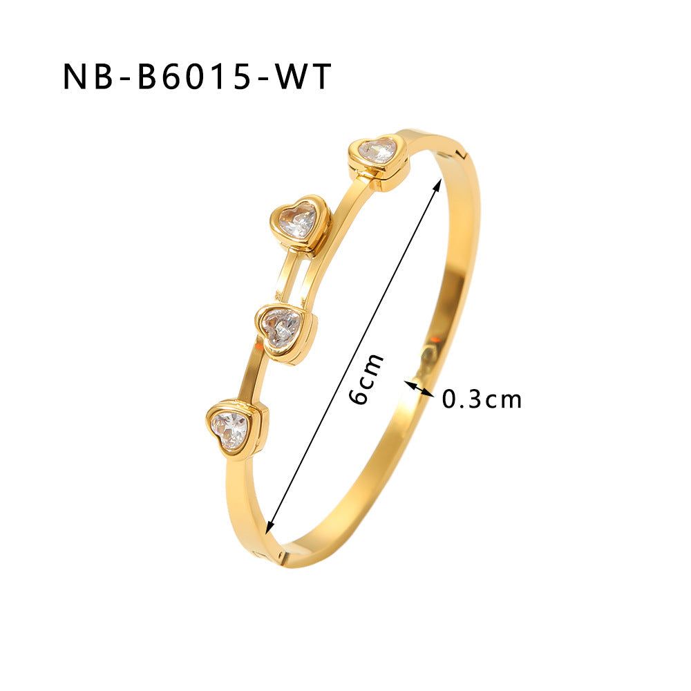 Wholesale stainless steel heart-shaped colorful zircon inlaid white sea shell 18K gold bracelet