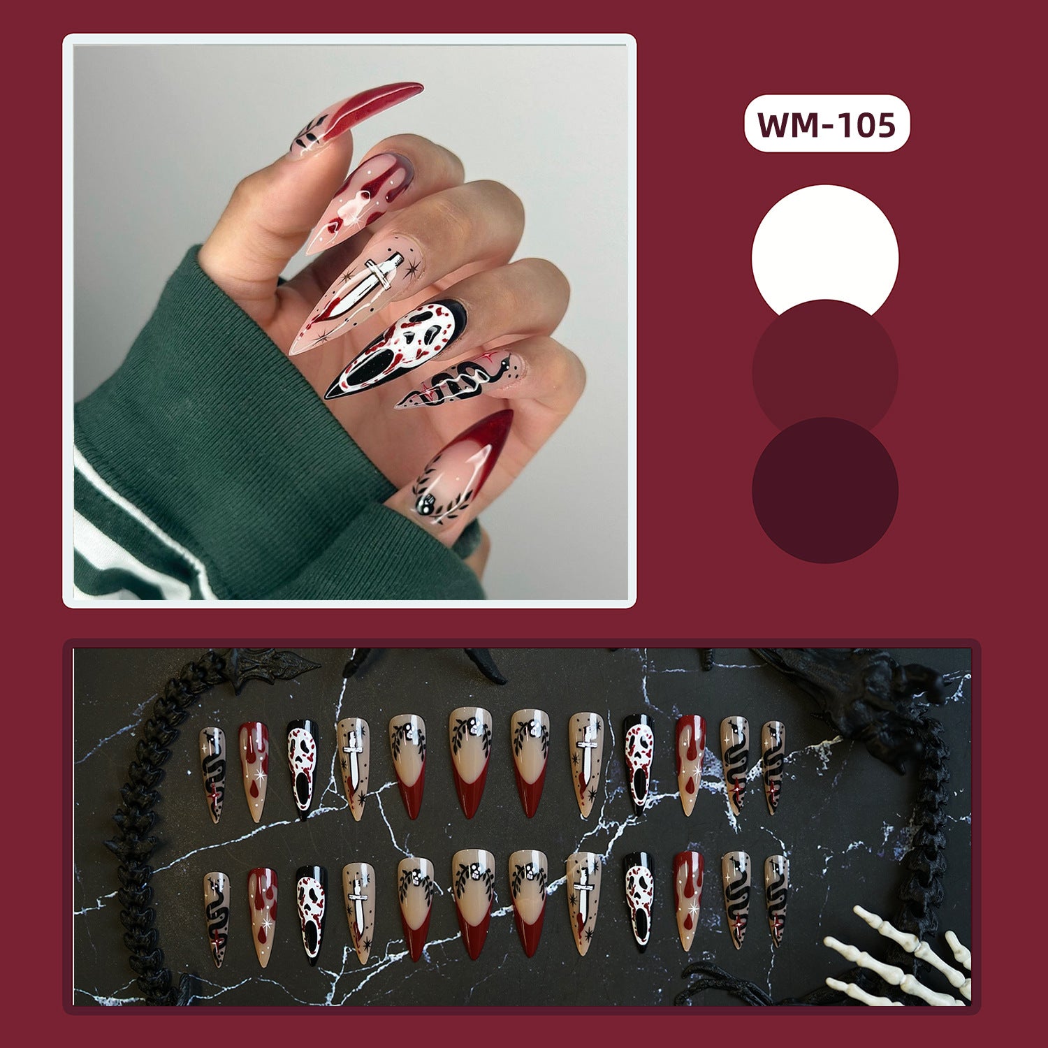 Wholesale 24 Pieces/ box  Horror Snake Blade Nails Kits Nail Stickers