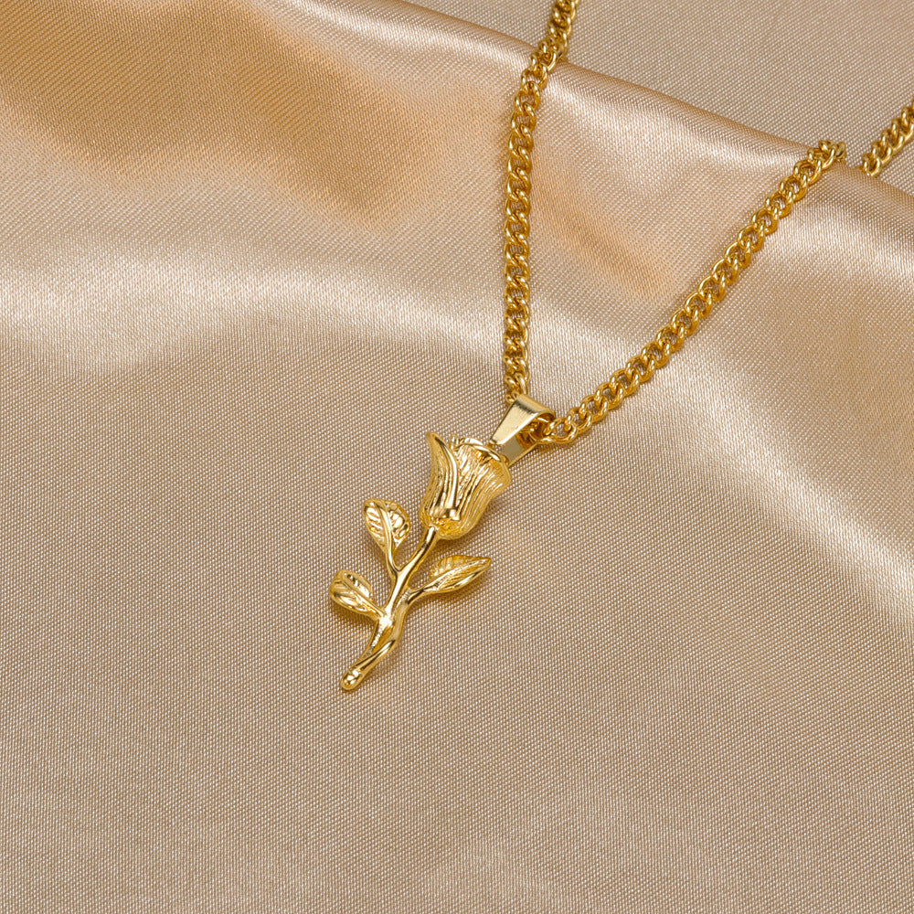 Wholesale  18k Gold Stainless Steel Stereo Rose Pendant Necklace