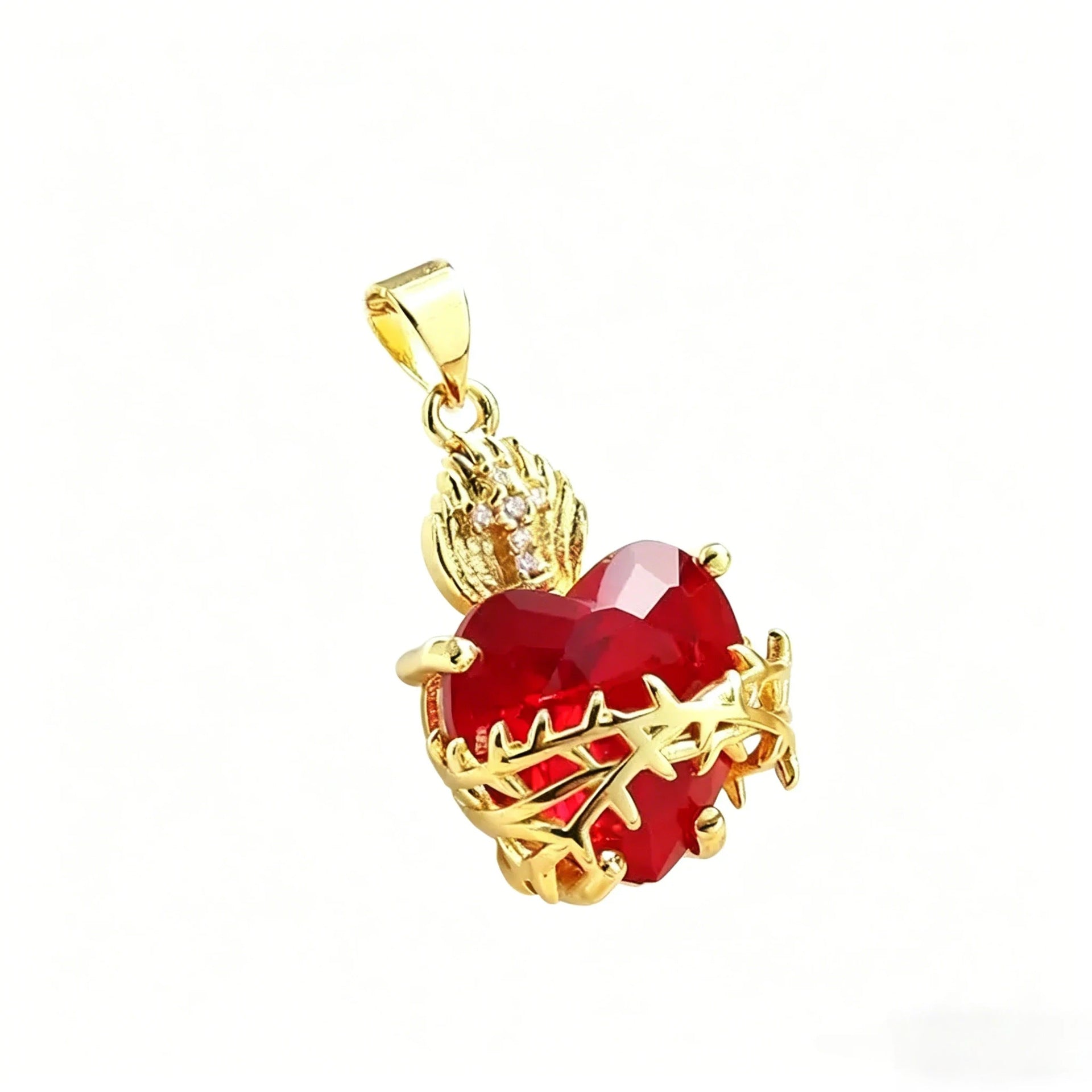 Wholesale European Style Red Heart-Shaped Zircon Cross Pendant Necklace,  Copper Gold-Plated Jewelry Accessory for Women