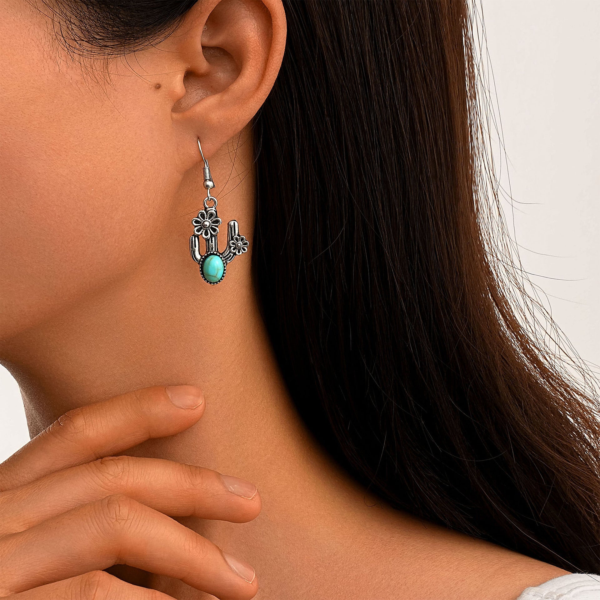 Wholesale Personalized Earrings  Retro Cactus Flower Turquoise Earrings