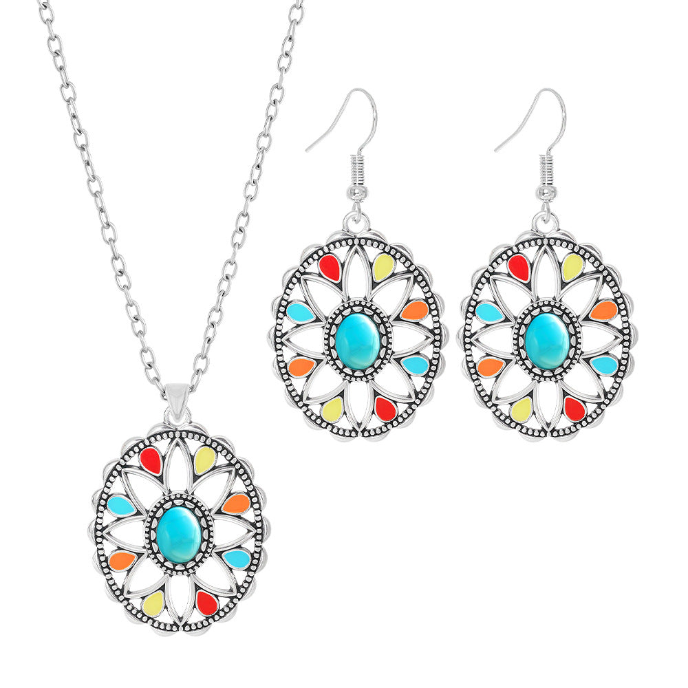 Wholesale Vintage Ethnic Turquoise Necklace Earrings Set Zinc Alloy Jewelry Accessory
