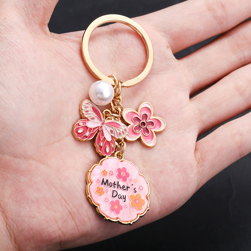 Wholesale Oil Dropping Pink Butterfly Flowers Pearl MOTHER' S DAY Keychain Jewelry Pendant Mother Holiday Gift