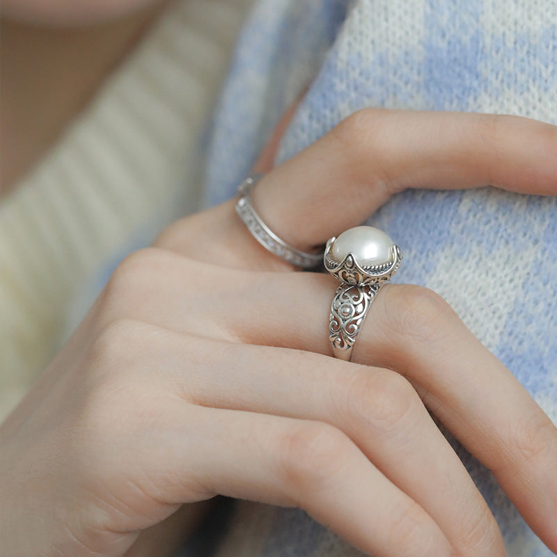 Wholesale S925 Sterling Silver Pearl Hollow Adjustable Ring