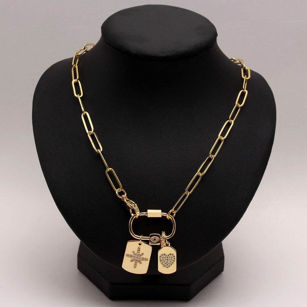 Wholesale Thick Copper Electroplated Zircon Love Rectangular Pendant Necklace