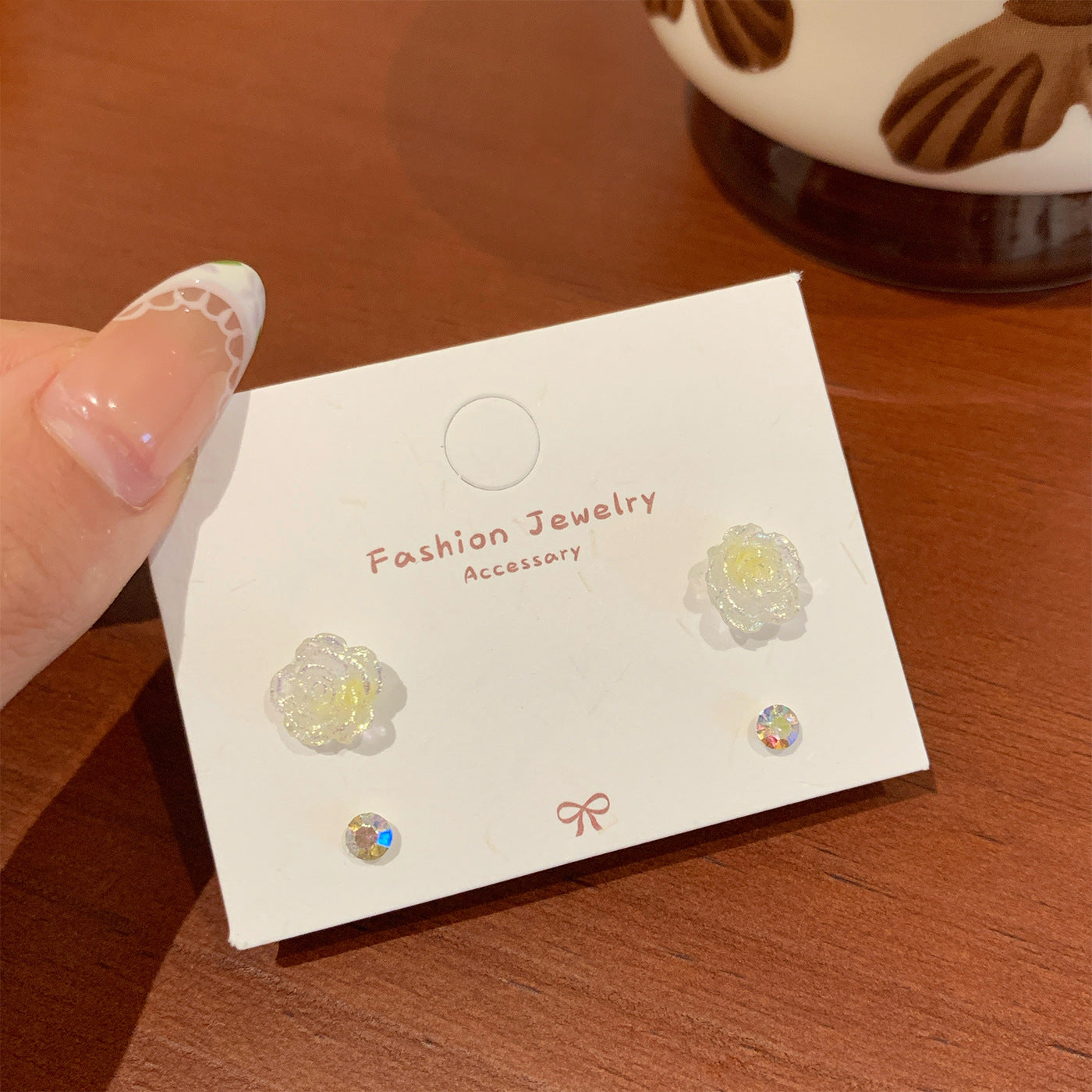 Wholesale Summer Super Fairy Color Resin Rose Zircon Earrings  Silver Needle