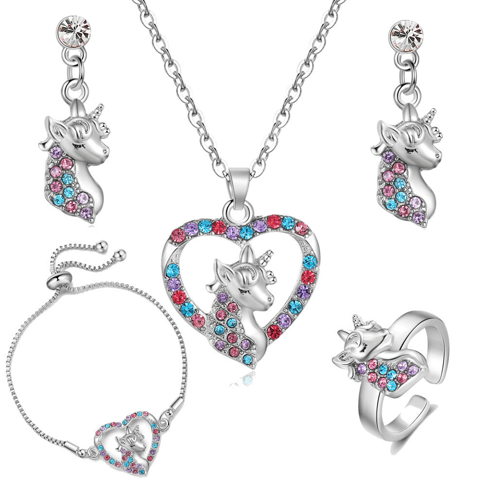 Wholesale  Cartoon Rainbow Love Unicorn Necklace Earrings Ring Bracelet Set