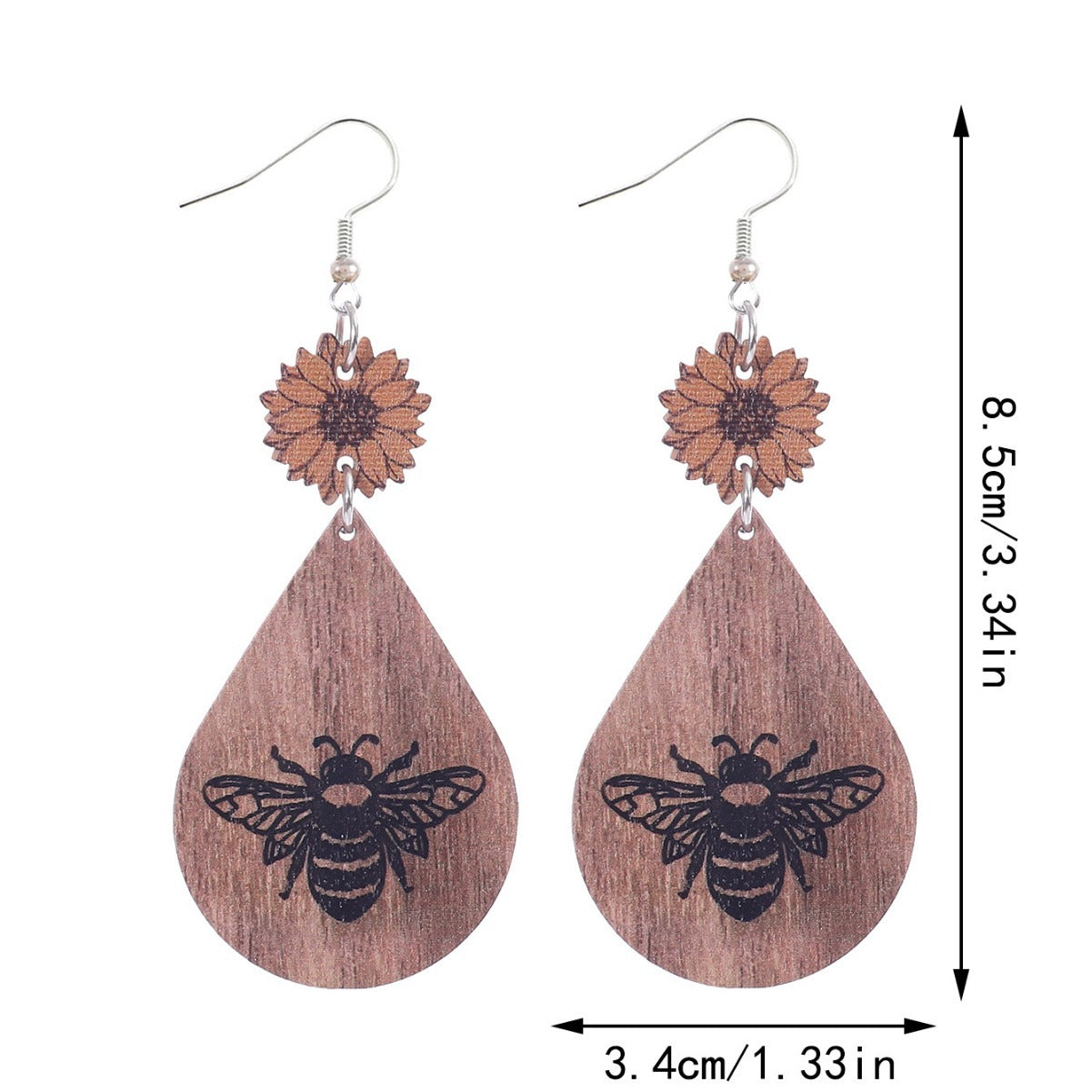 Wholesale Sunflower Bee Pattern Wood Drop Earrings