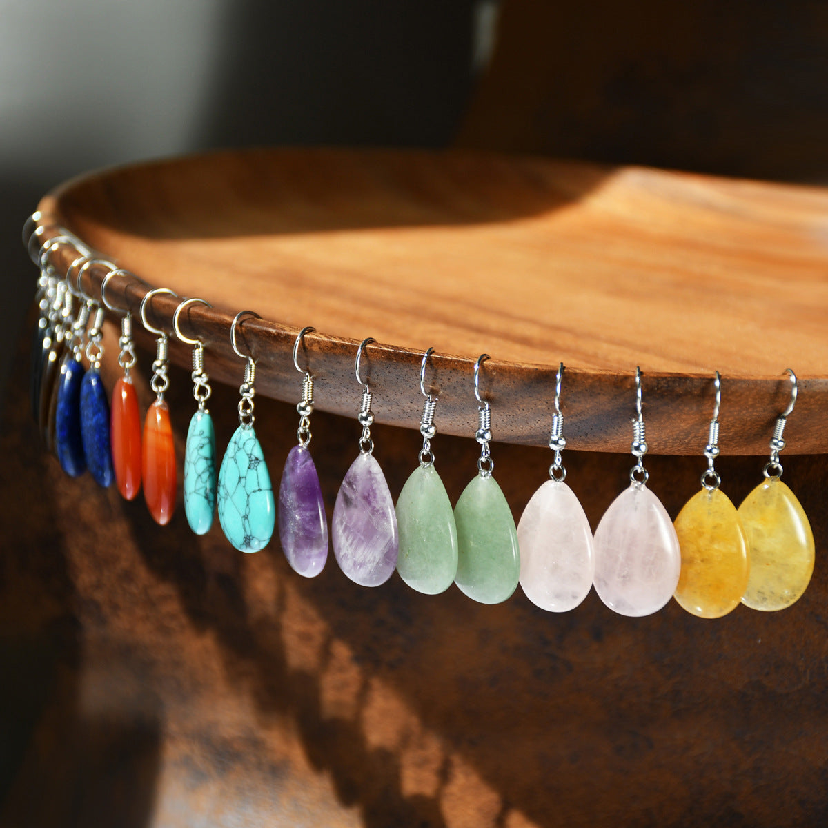 Wholesale Antique Water Drop Natural Stone Earrings - Pink Crystal and Green Aventurine Everyday Jewelry