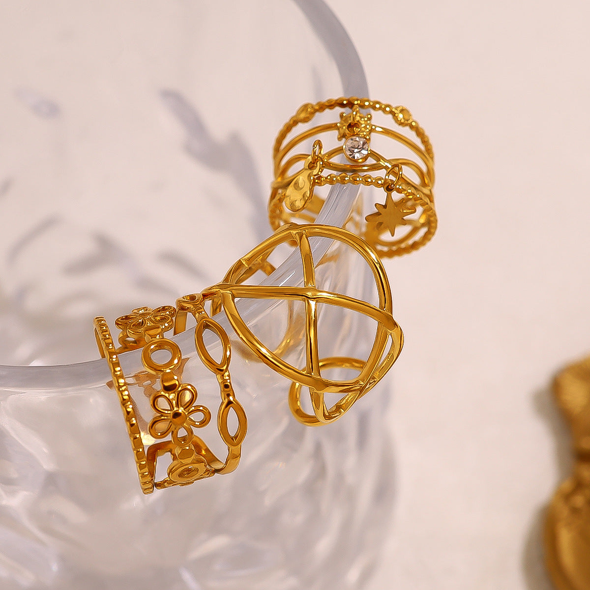 Wholesale Titanium Steel multi-layer geometric awn star pattern ring