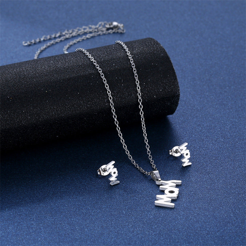Wholesale MOM Stainless Steel Earrings Necklace Set Mother's Day ACC-ES-MinM024