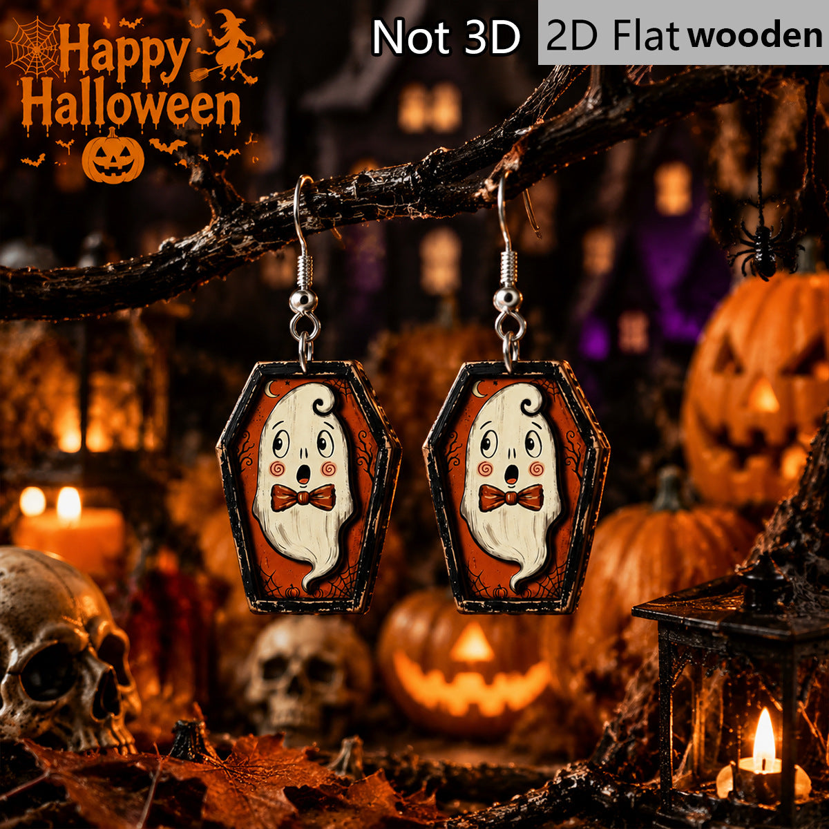 Wholesale Wooden  Ghost Earrings Vintage Coffin Bowtie Print Fashion Accessory For Party Gift Boutique Resale