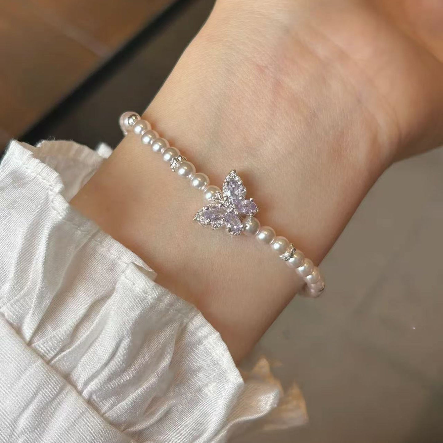 Wholesale French-Style Butterfly Pentagram Beaded Bracelet with Faux Pearls and Diamond Accents,  Fashion Accessory for Everyday Wear