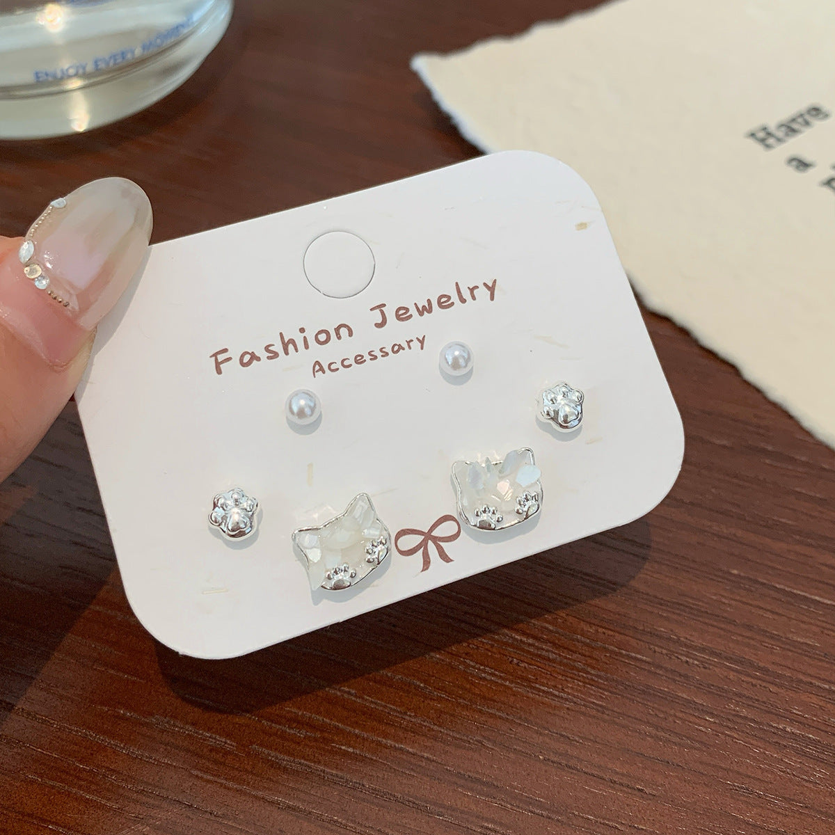 Wholesale Broken shells cat starfish earrings set silver needle heart bow earrings