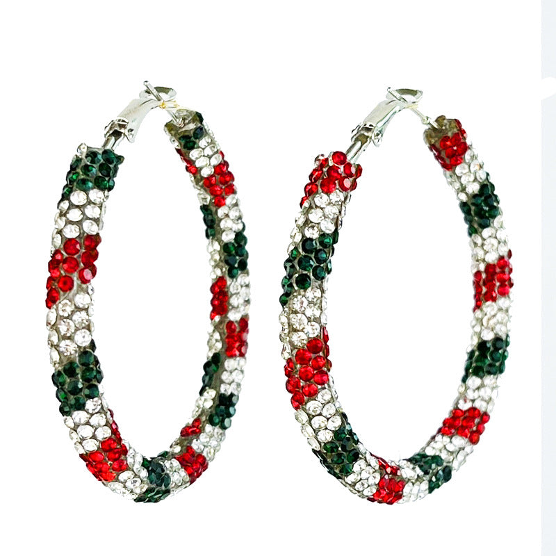 Wholesale 2 Pairs/pack Christmas Shiny Red Candy Rhinestone Big Hoop Earrings ACC-ES-HY181
