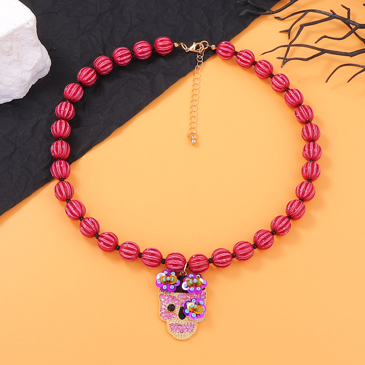 Wholesale  Beaded Alloy Inlaid Zircon Skull Necklace