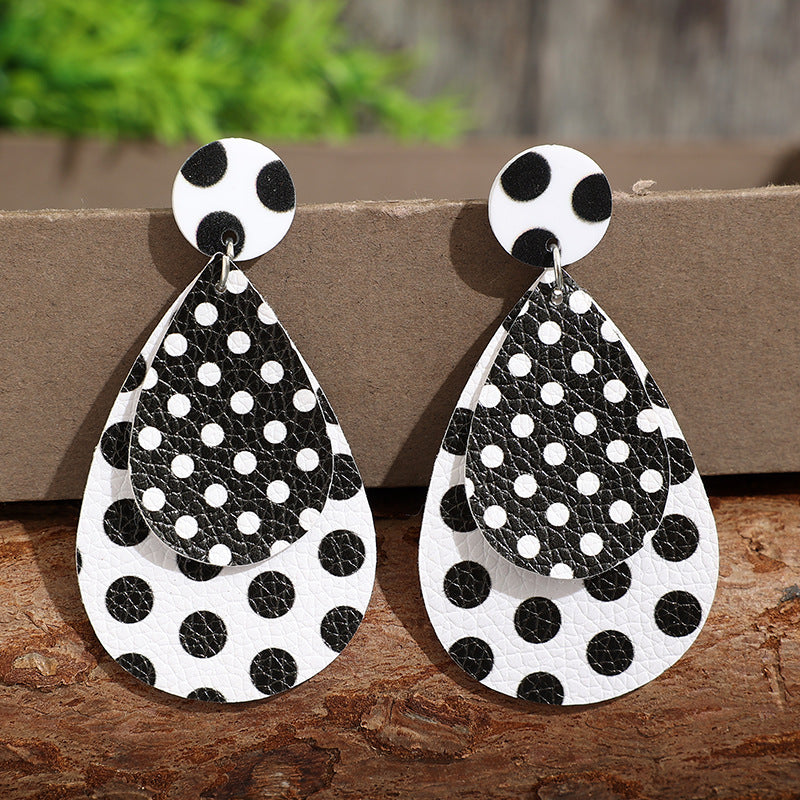 Wholesale Trendy Black White Polka Dot Leather Drop Earrings Double Layer Jewelry Accessory for Party Wear Boutique Resale