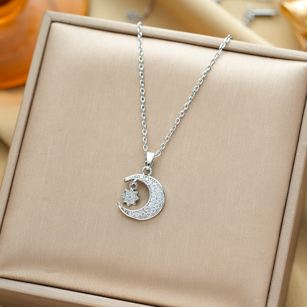 Wholesale  Light Luxury Titanium Steel Necklace Diamond Lucky Moon Star Pendant Micro-inlaid Zircon Necklaces