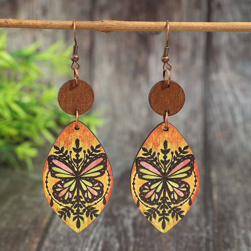 Wholesale Retro Bohemian Butterfly Print Wooden Earrings Fashion Jewelry Accessory