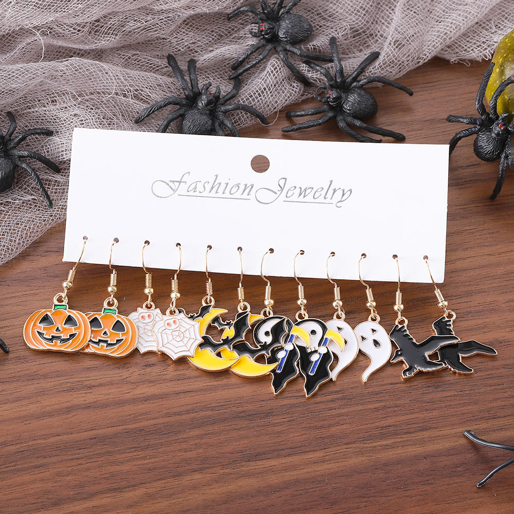 Wholesale Zinc Alloy Electroplated  Pumpkin Skull 6 Piece Pendant Earring Set Witch Ghost Theme Trendy Party Gift Jewelry Accessory