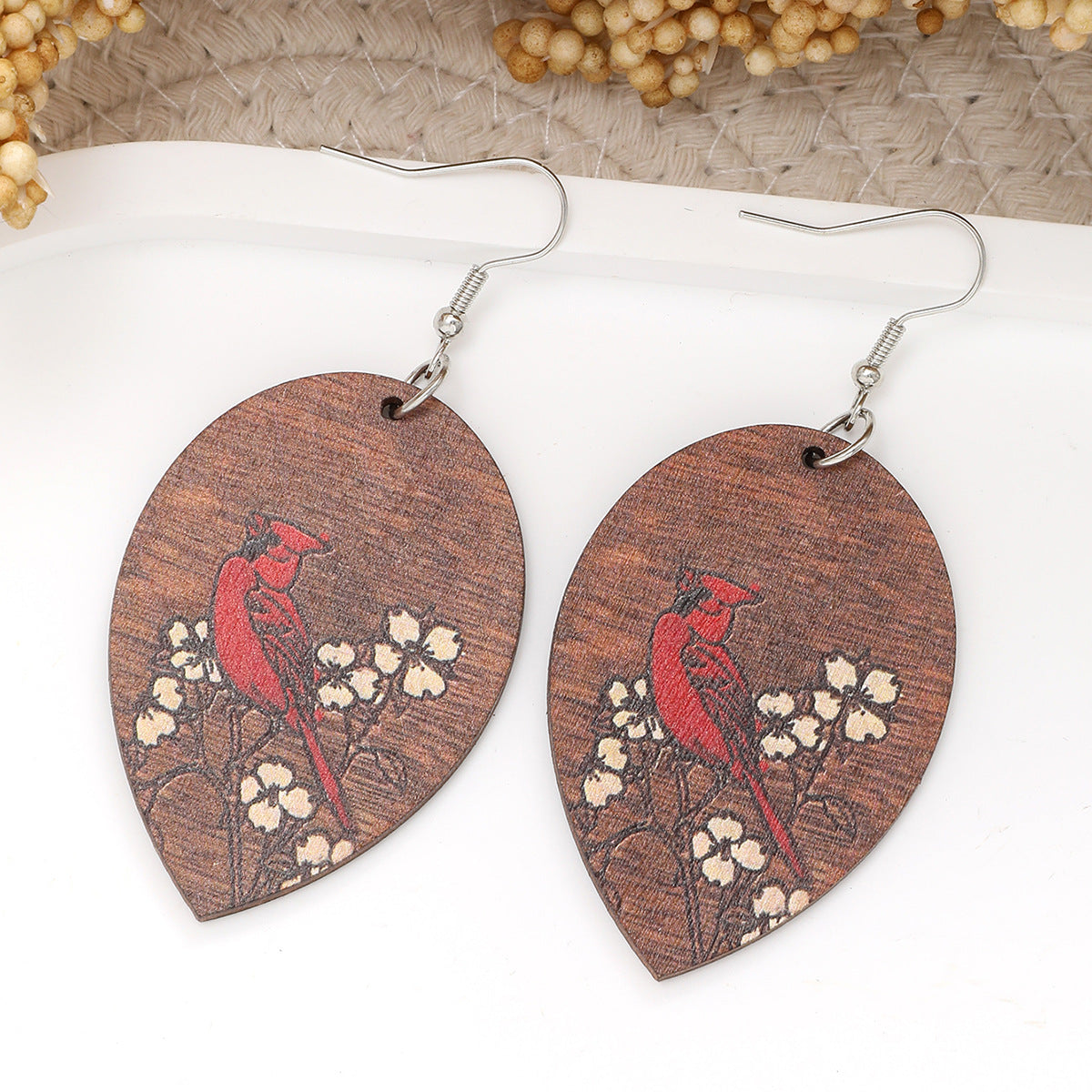 Wholesale Vintage Hollow Round Wood Earrings Bird Drop Shape Earrings