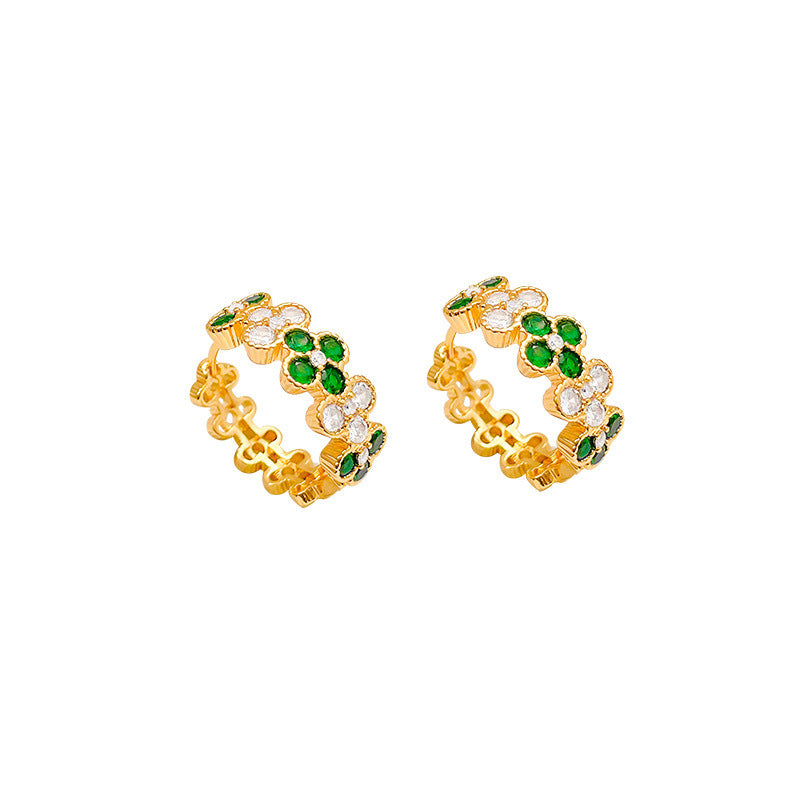 Wholesale Vintage Four-leaf Flower Green Zircon Earrings