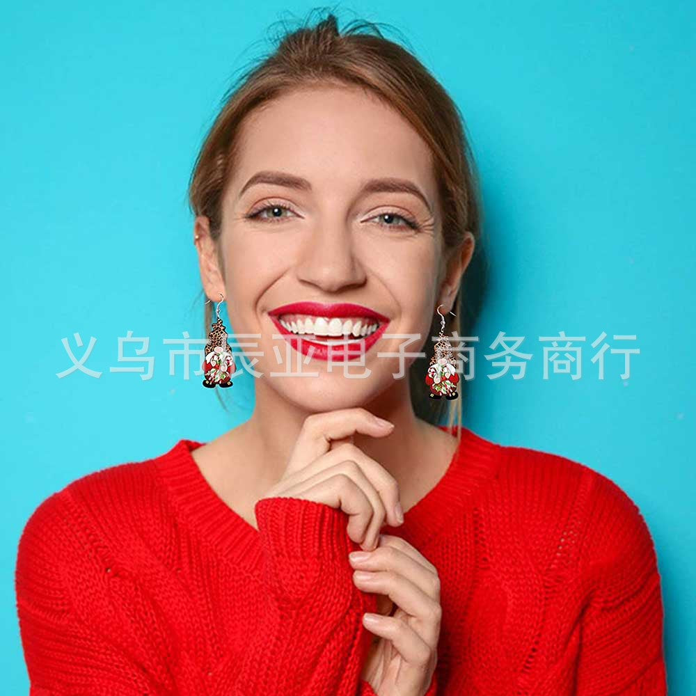 Wholesale  Christmas earrings Christmas dwarfs midget double-sided print PU leather earrings