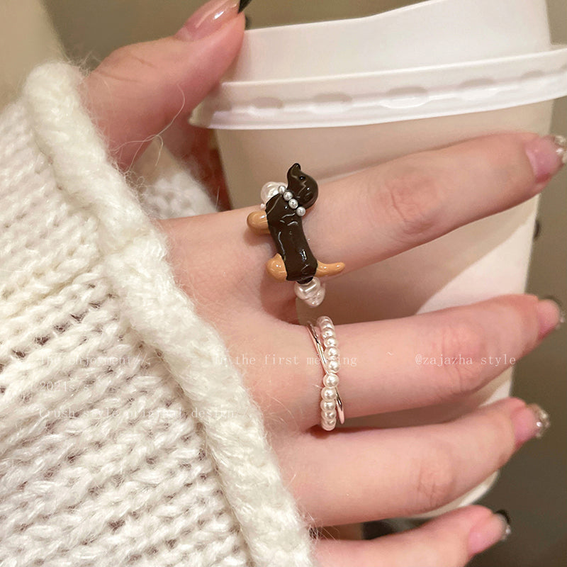 Wholesale Cute Dachshund Pearl Ring  Light Luxury Finger Ring