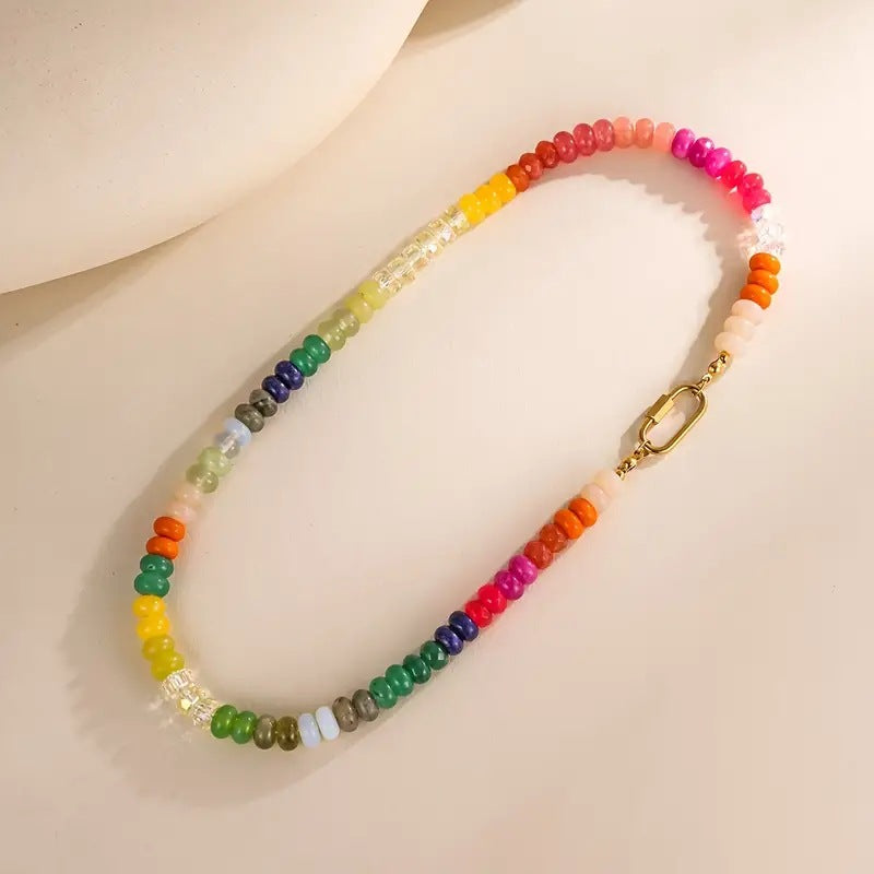 Wholesale  Rainbow Color Natural Stone Necklace  Bohemian Beaded Beach Necklace