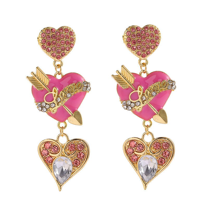 Wholesale Alloy Oil Dripping Diamond Love Earrings Pink Heart-shaped Earrings