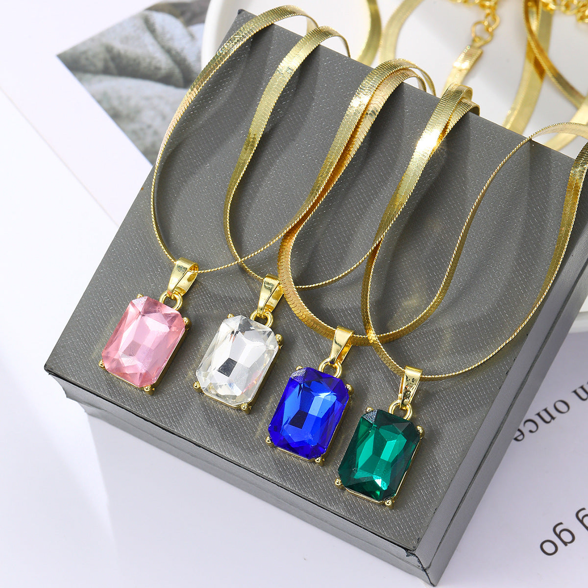 Wholesale Colorful Crystal Pendant Love Necklace Flat Snake Bone Chain ACC-NE-ManYi009