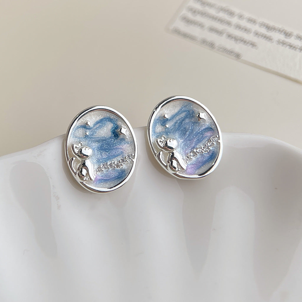Wholesale Copper Blue Enamel Drip-Glazed Flower Earrings,  Fresh Floral Pearl Studs,  Fashion Accessory