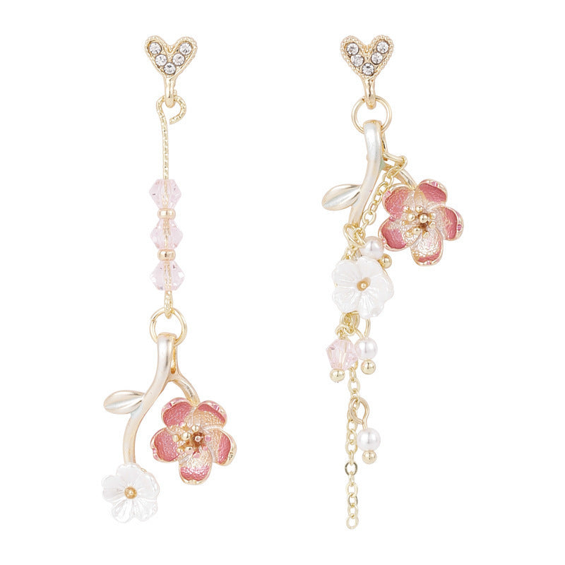 Wholesale Love Cherry Blossom Asymmetrical AB Long Tassel Rhinestone Oil Earrings
