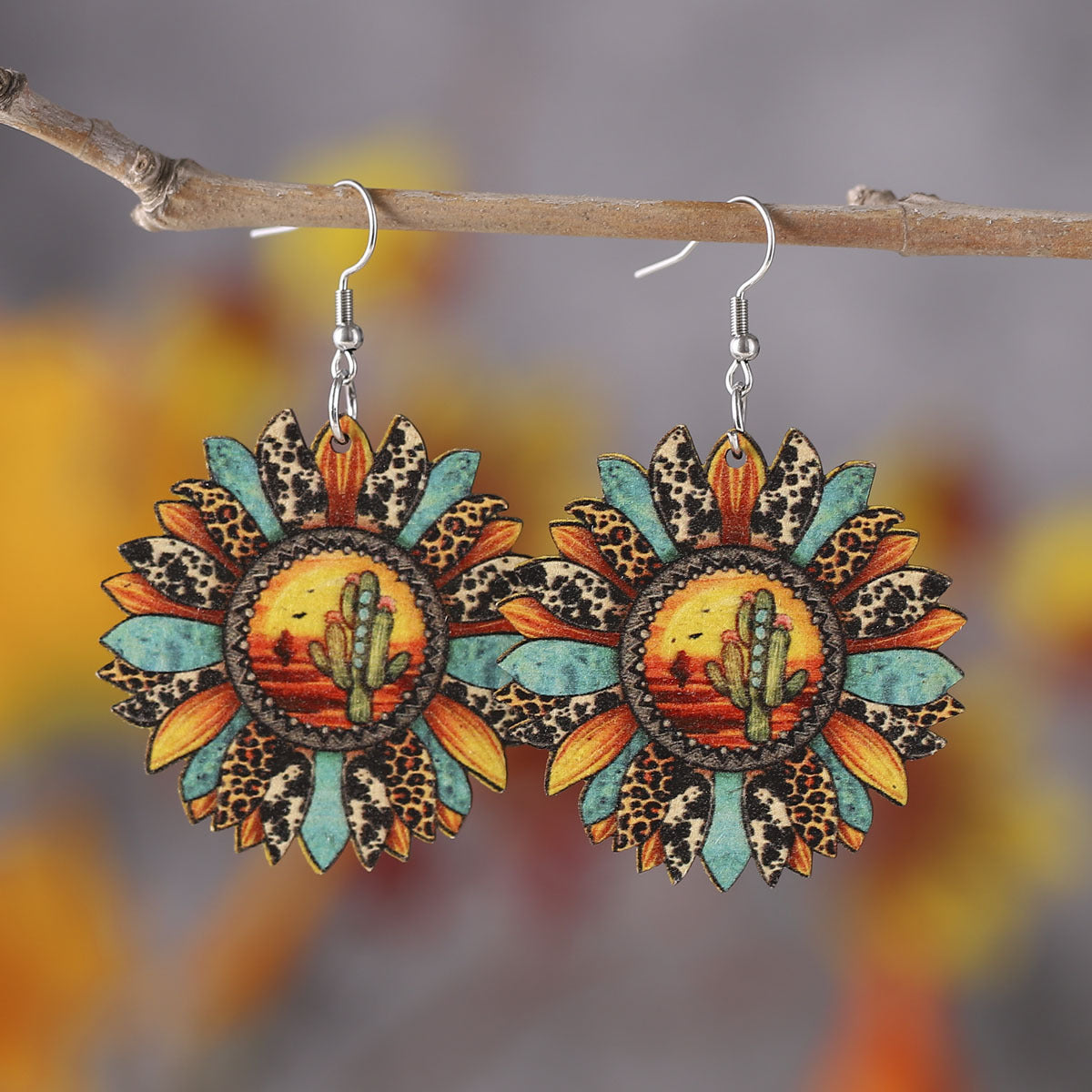 Wholesale Western Style Leopard Print Sunflower Cactus Wood Earrings ACC-ES-ChuLian087