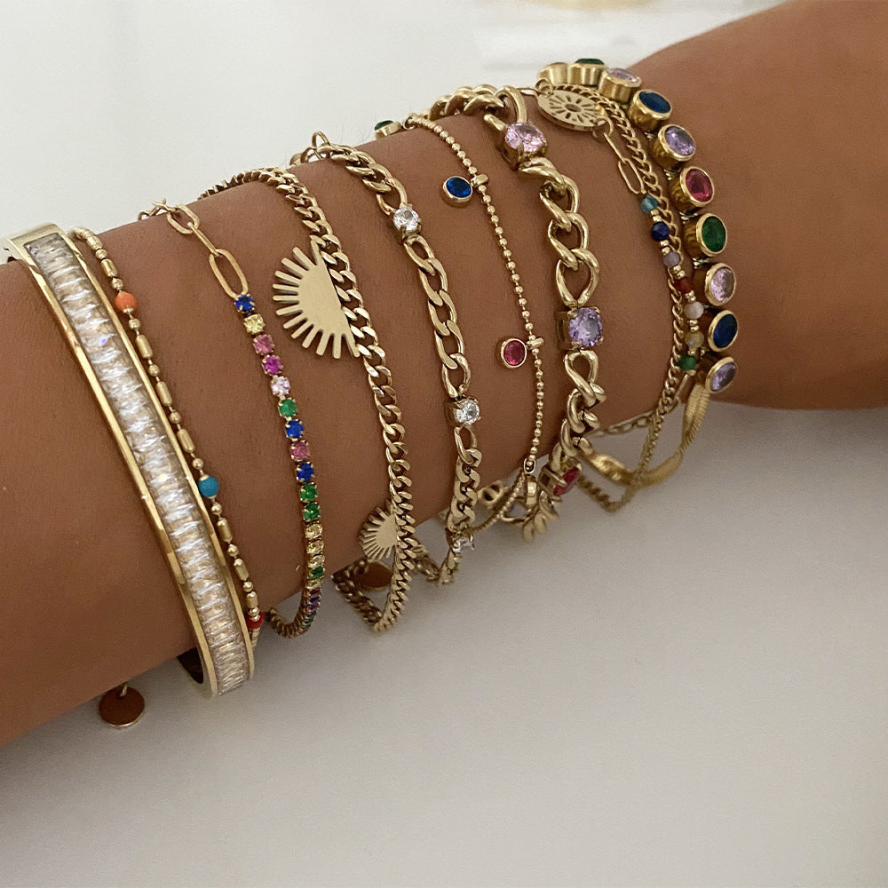 Wholesale  Stainless Steel Inlaid Colorful Zircon Geometric  Bracelet
