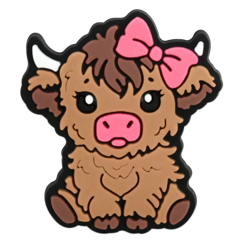 Wholesale  Random 100pcs Creative Cartoon Highland Cow Denim Series PVC Soft Rubber Shoe Buckle Decoration