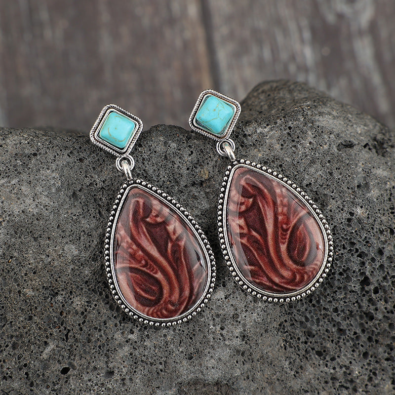 Wholesale retro drop-shaped rubber drop pattern inlaid turquoise alloy fashion earrings