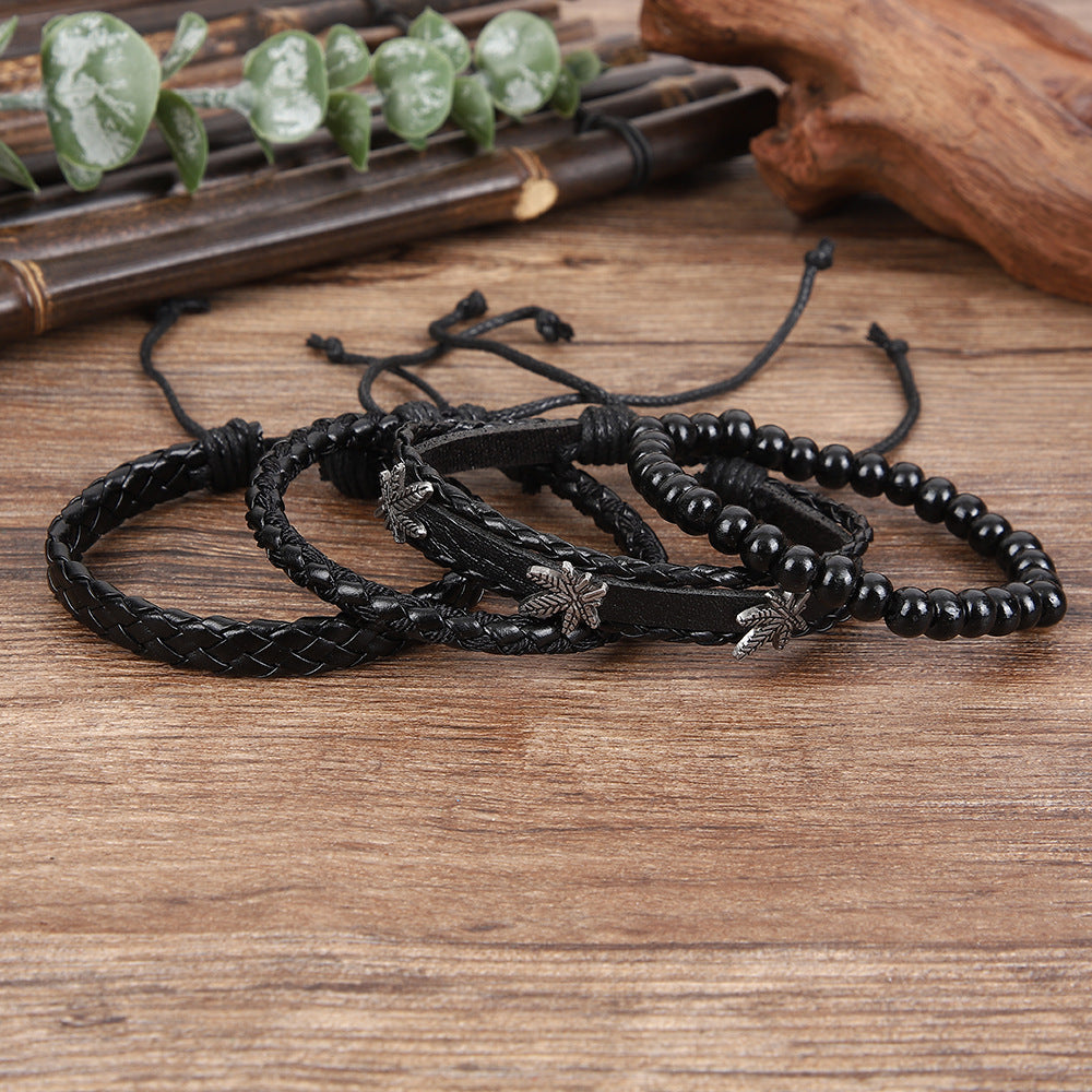 Wholesale Stylish Retro Maple Leaf Leather Bracelet With Woven Wood Beads Adjustable Unisex Hip Hop Jewelry Accessory