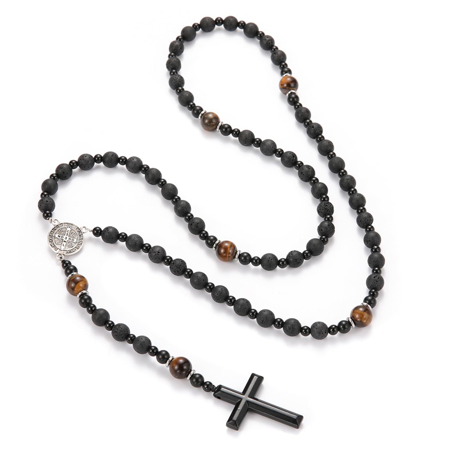 Wholesale Volcanic Stone Cross Necklace Natural Tiger Eye Black Gallstone Silver Spacers Chic Jewelry Accessory