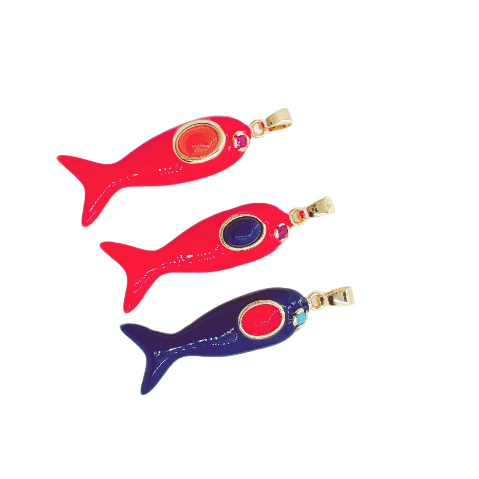 Wholesale Swimming Fish Pendant Necklace with Gemstone Inlay Copper Fashion Jewelry Accessory