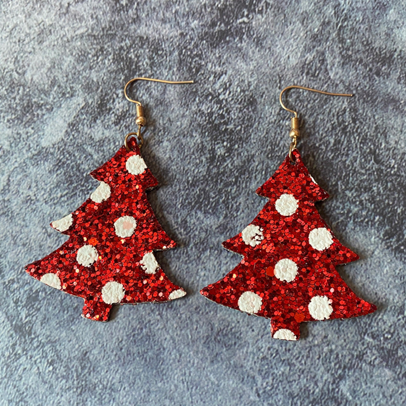 Wholesale Christmas leather  flash wave point double-sided Christmas tree shape earrings