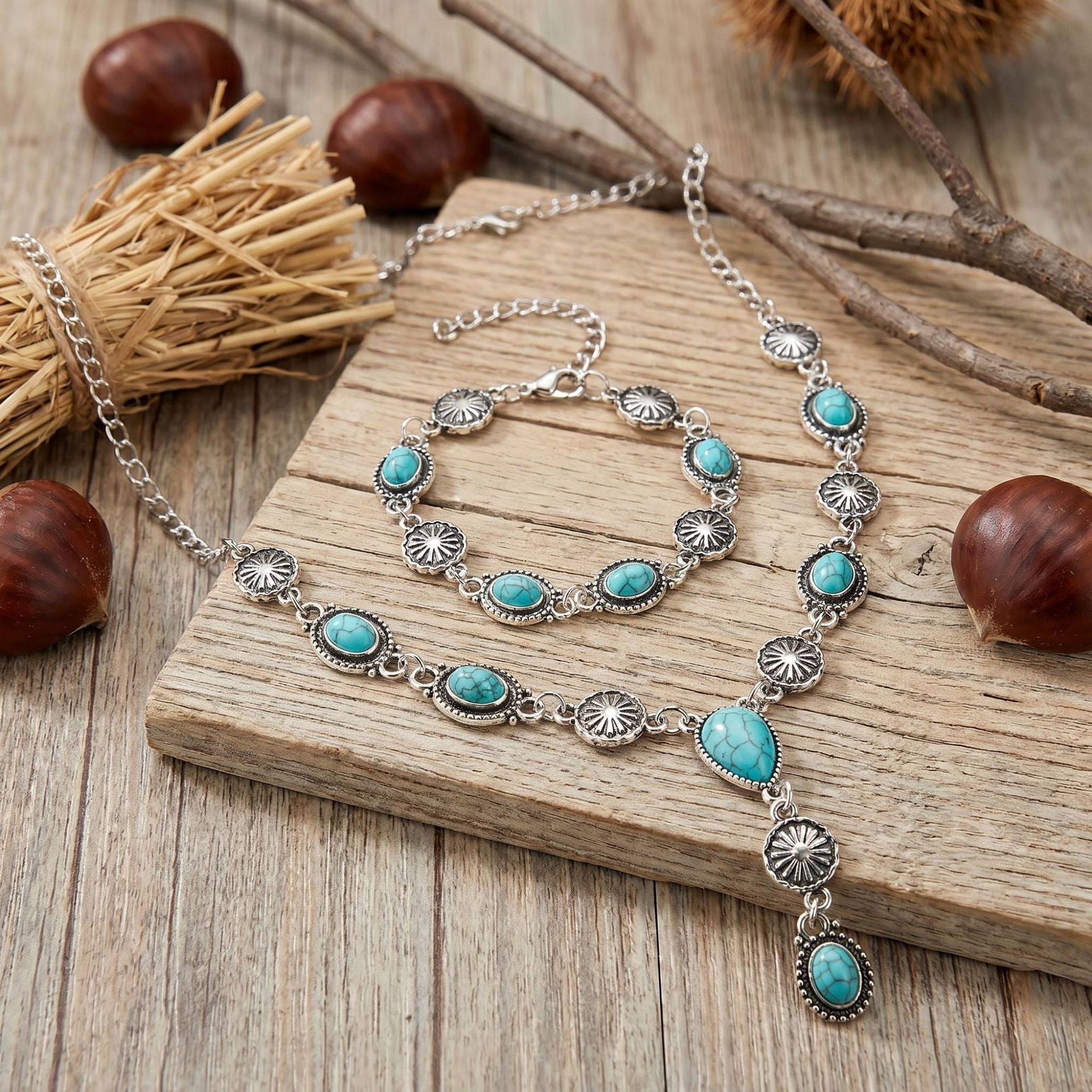 Wholesale Ethnic Turquoise Drop Y Shaped Necklace Vintage Carved Bracelet Jewelry Set Antique Silver Finish Fashion Gift For Resale