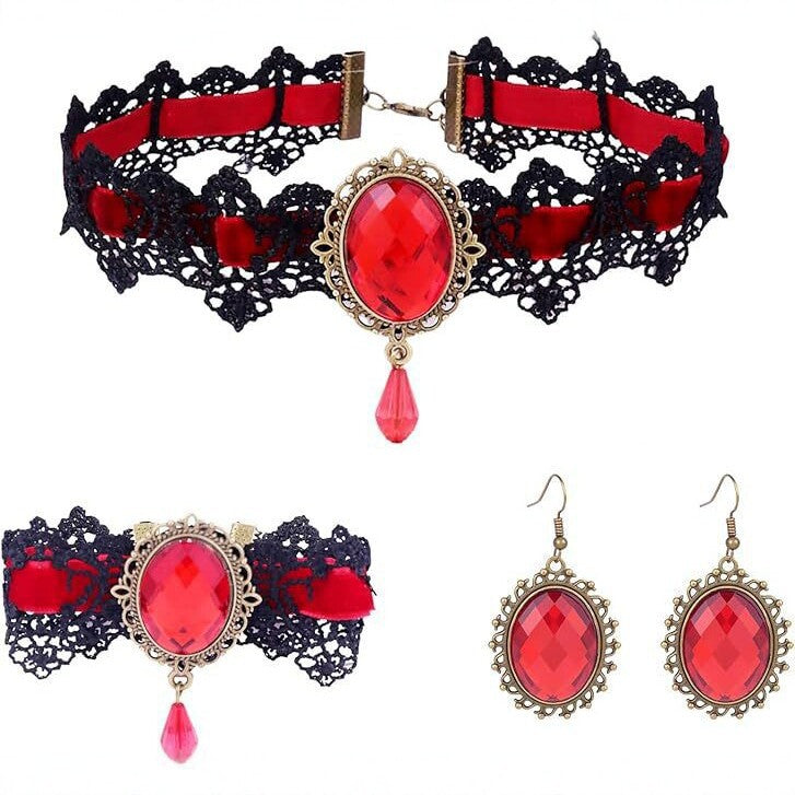 Wholesale Gothic Lace Choker Earring 3-Piece Set Artificial Crystal Pendant Fashion Accessory