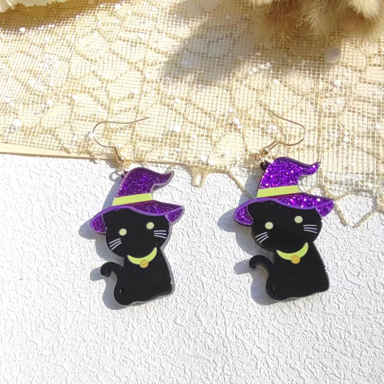 Wholesale  Black Cat Witch Hat Acrylic Earrings - Trendy Party Wear Fashion Accessory for Women Gift Boutique Resale