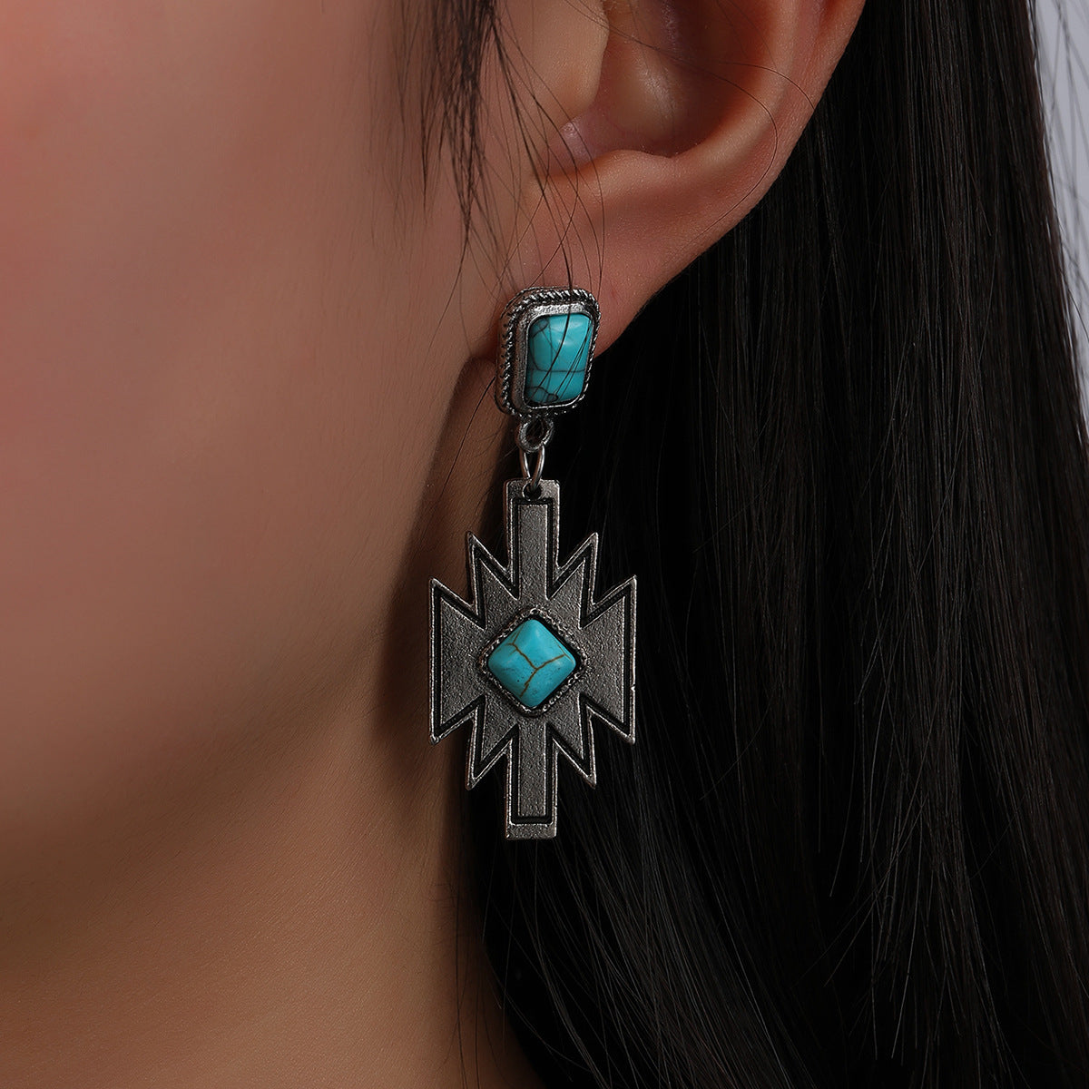 Wholesale retro ethnic style inlaid Diamond turquoise earrings