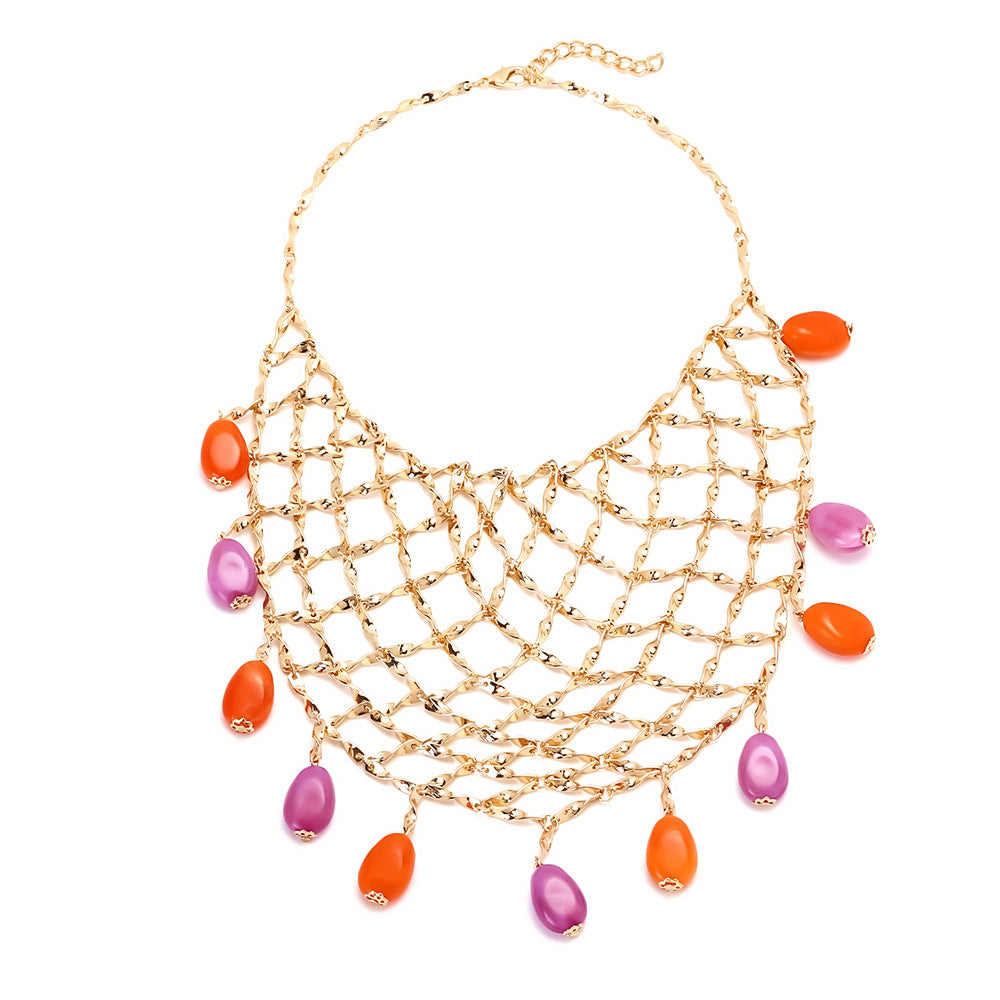 Wholesale Ocean Style Hand-Woven Metal Mesh Colorful Bead Pendant Necklace