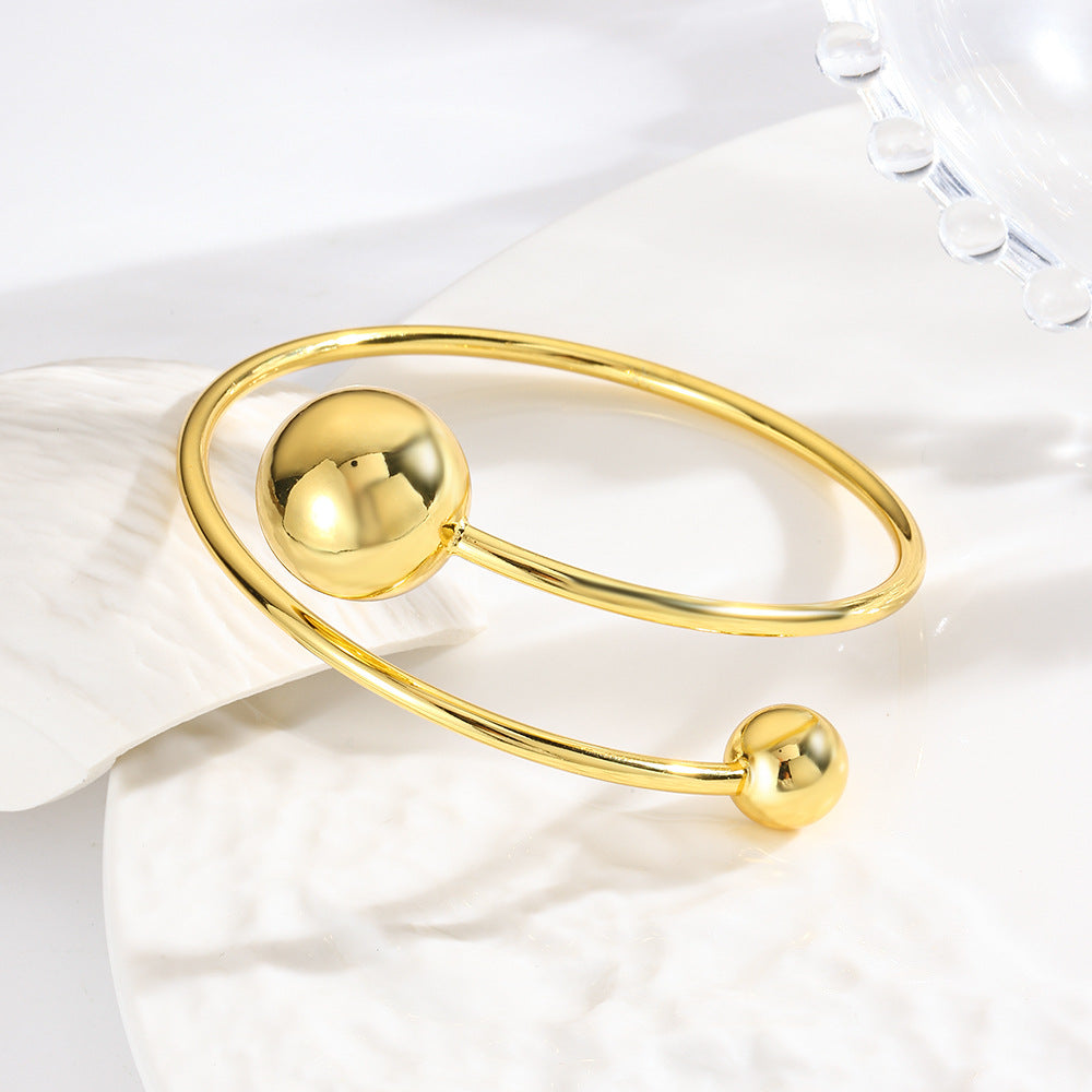 Wholesale  Copper Plated 18K Gold Hollow Round Bead Double-layer Open Bracelet