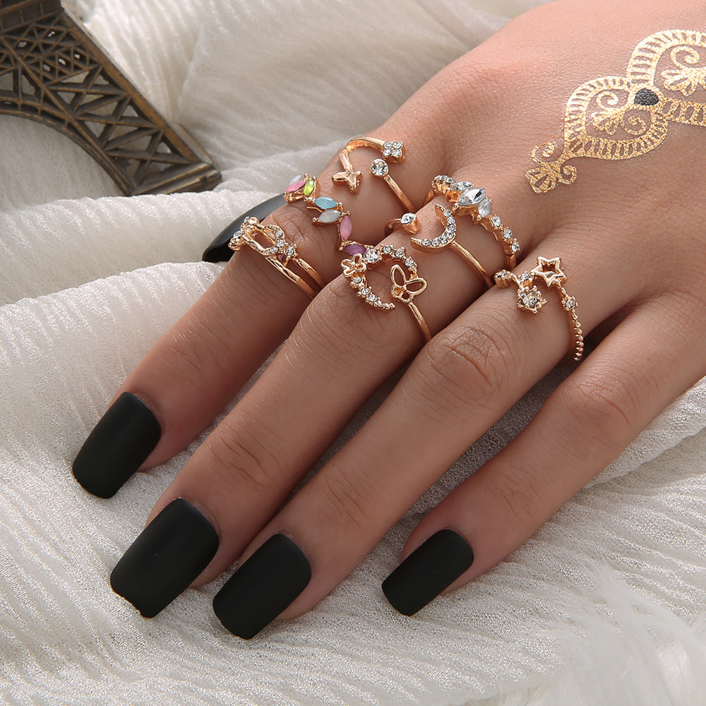 Wholesale butterfly flower diamond colorful  moon star five-pointed ring set